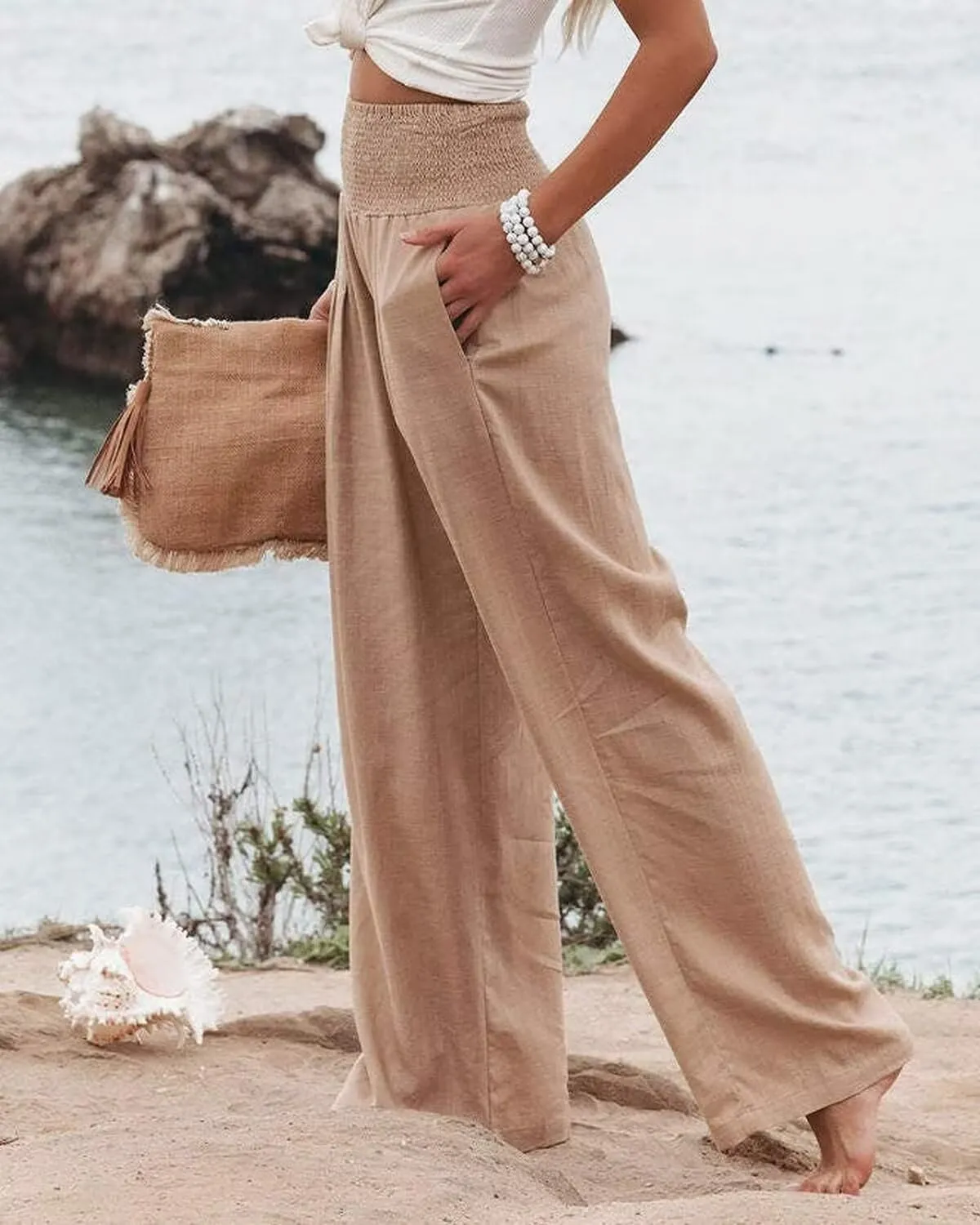 Women's High Waist Breathable Casual Wide Leg Pants with Pockets Hundred Solid Color Cotton Linen Pants