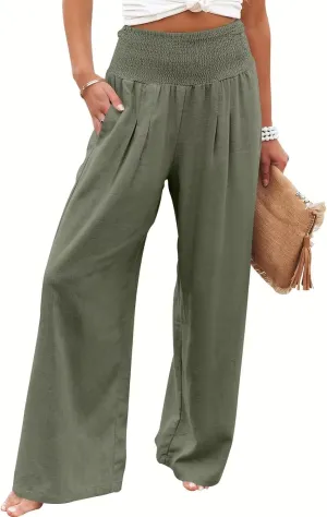Women's High Waist Breathable Casual Wide Leg Pants with Pockets Hundred Solid Color Cotton Linen Pants
