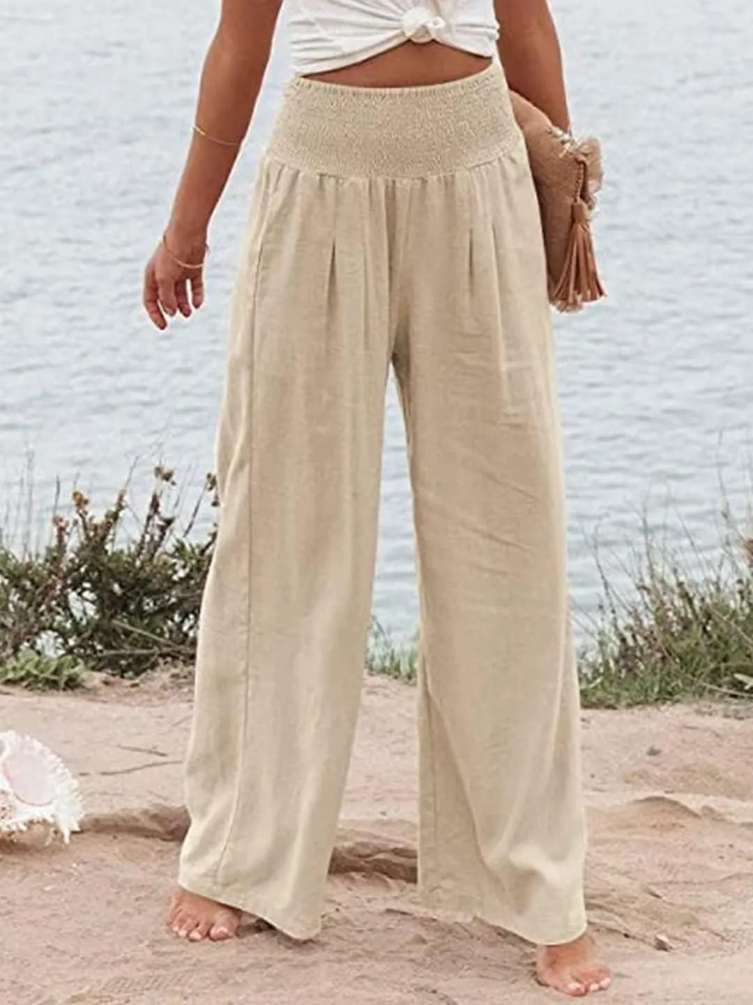 Women's High Waist Breathable Casual Wide Leg Pants with Pockets Hundred Solid Color Cotton Linen Pants