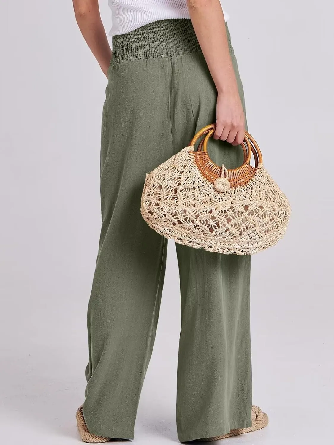Women's High Waist Breathable Casual Wide Leg Pants with Pockets Hundred Solid Color Cotton Linen Pants