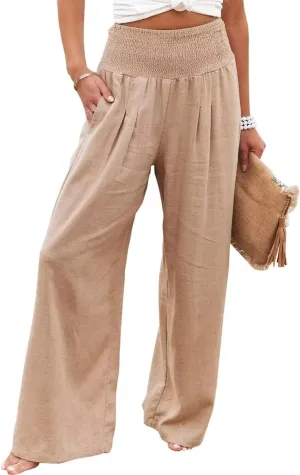 Women's High Waist Breathable Casual Wide Leg Pants with Pockets Hundred Solid Color Cotton Linen Pants