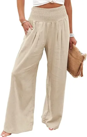 Women's High Waist Breathable Casual Wide Leg Pants with Pockets Hundred Solid Color Cotton Linen Pants