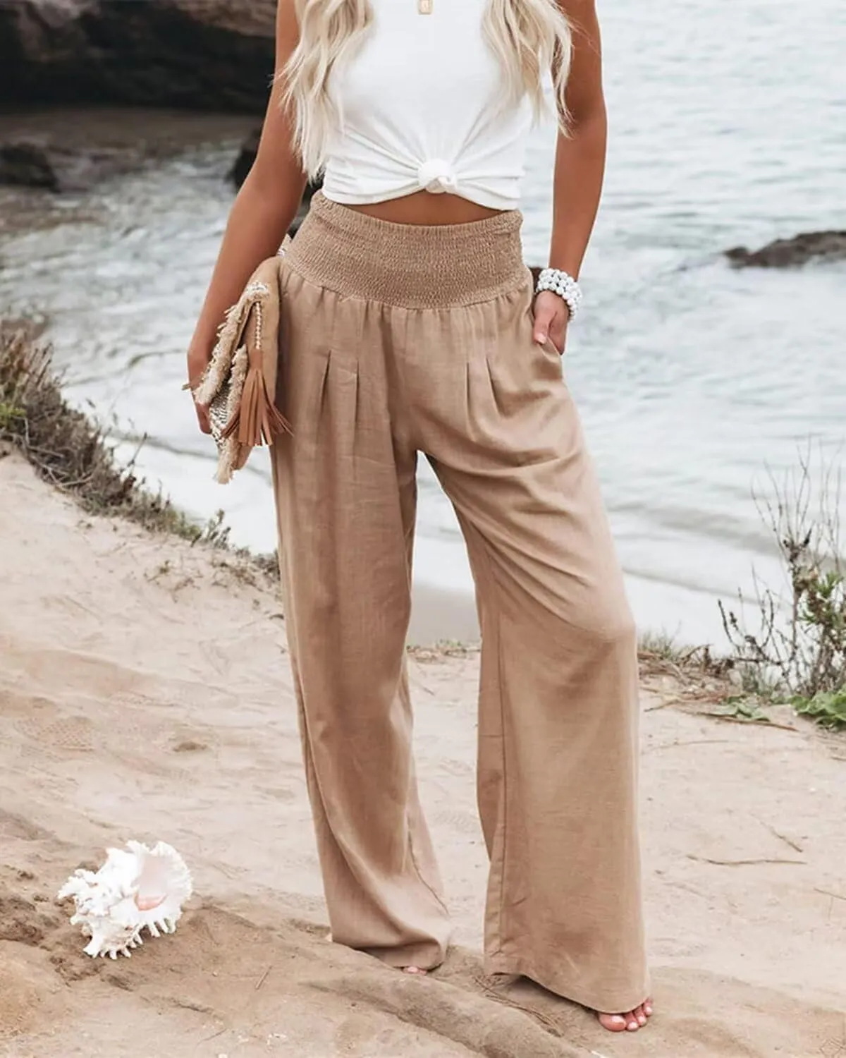 Women's High Waist Breathable Casual Wide Leg Pants with Pockets Hundred Solid Color Cotton Linen Pants