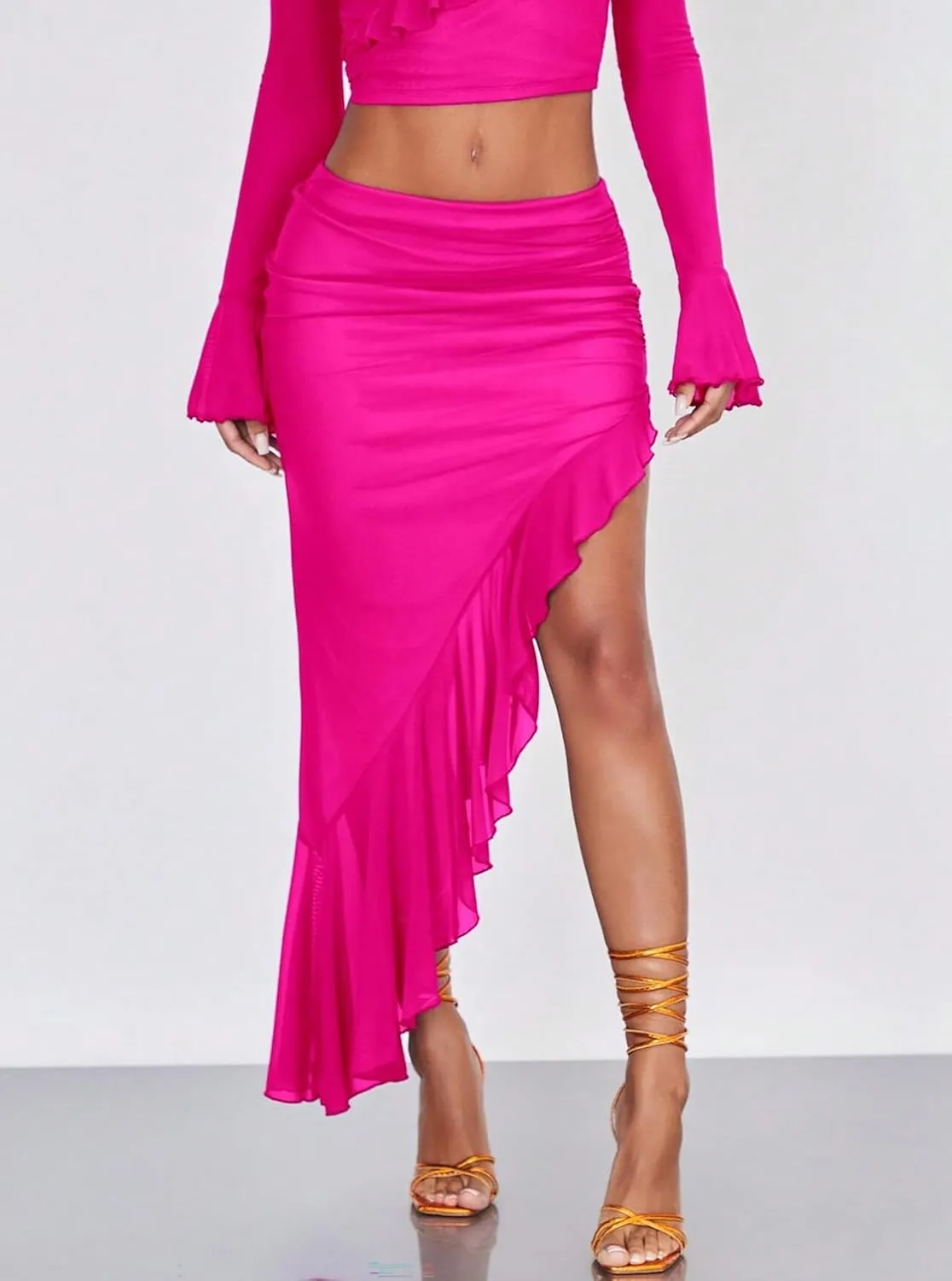 Women's High Waisted Asymmetrical Ruched Mesh Flowy Ruffle Trim Midi Long Skirt