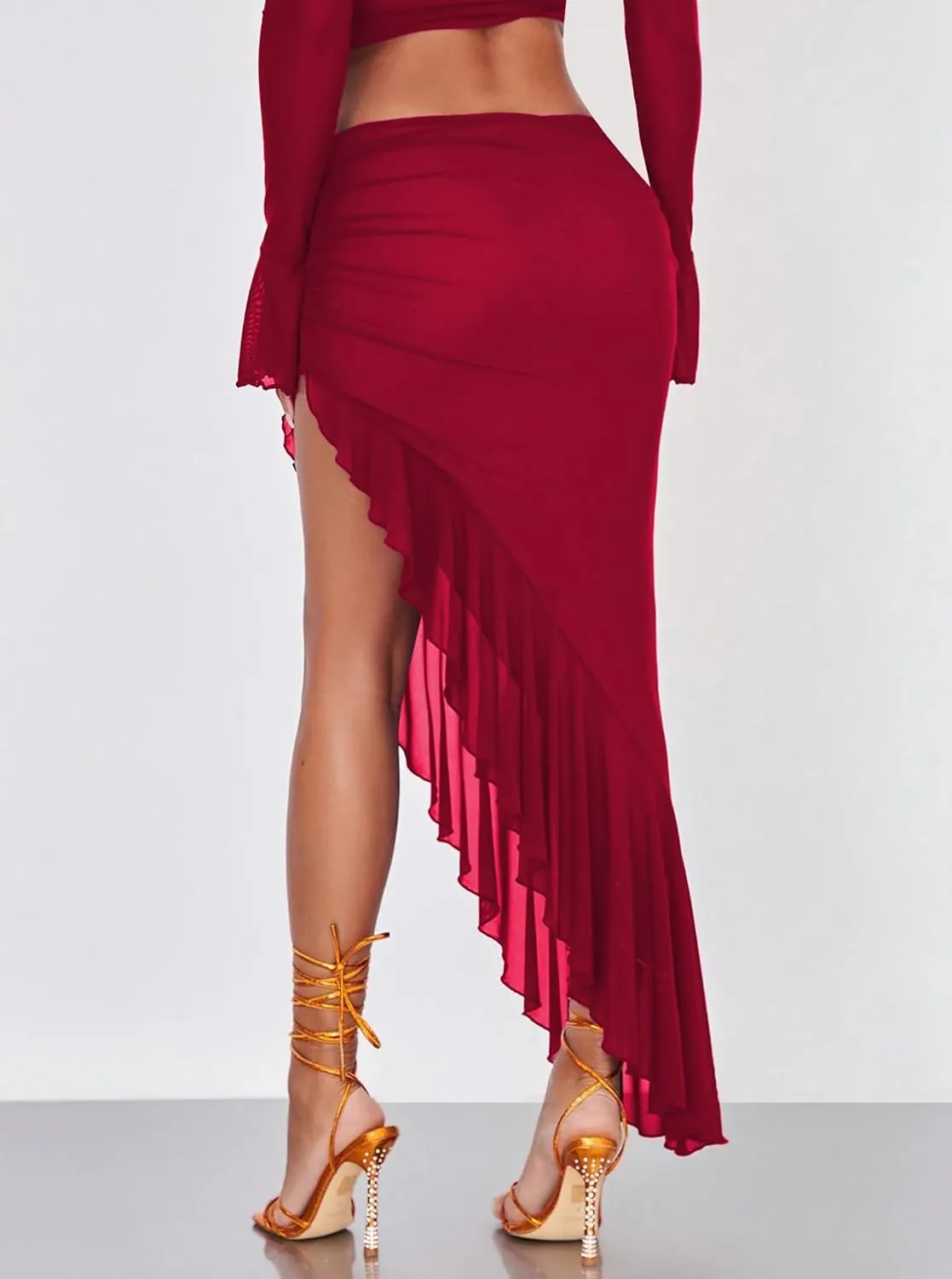 Women's High Waisted Asymmetrical Ruched Mesh Flowy Ruffle Trim Midi Long Skirt