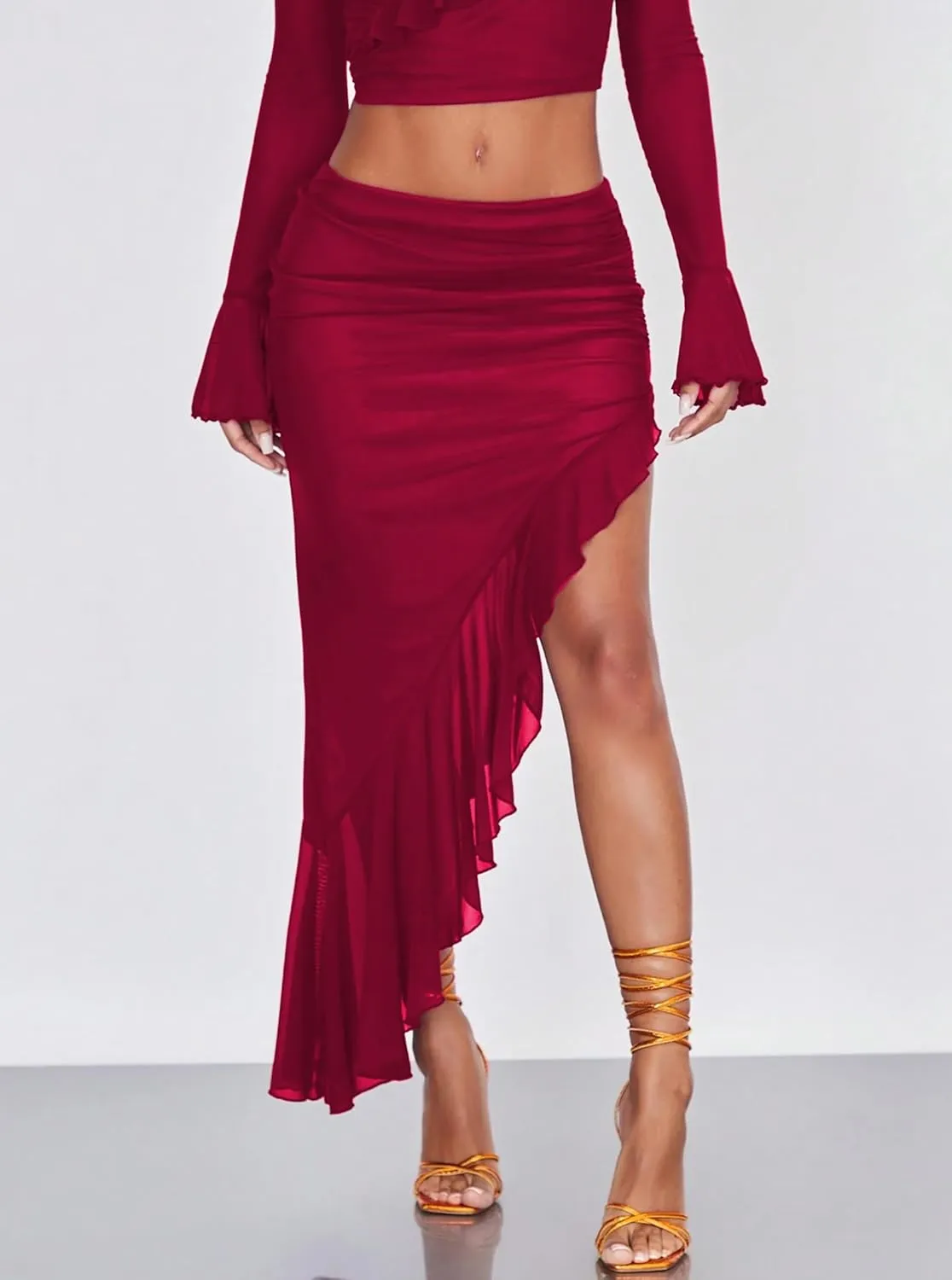 Women's High Waisted Asymmetrical Ruched Mesh Flowy Ruffle Trim Midi Long Skirt