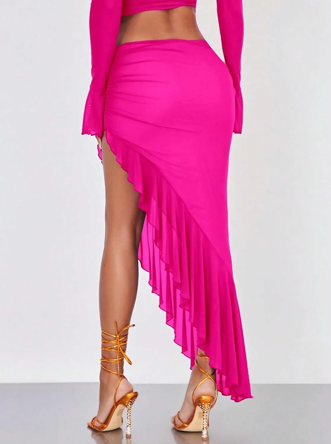 Women's High Waisted Asymmetrical Ruched Mesh Flowy Ruffle Trim Midi Long Skirt