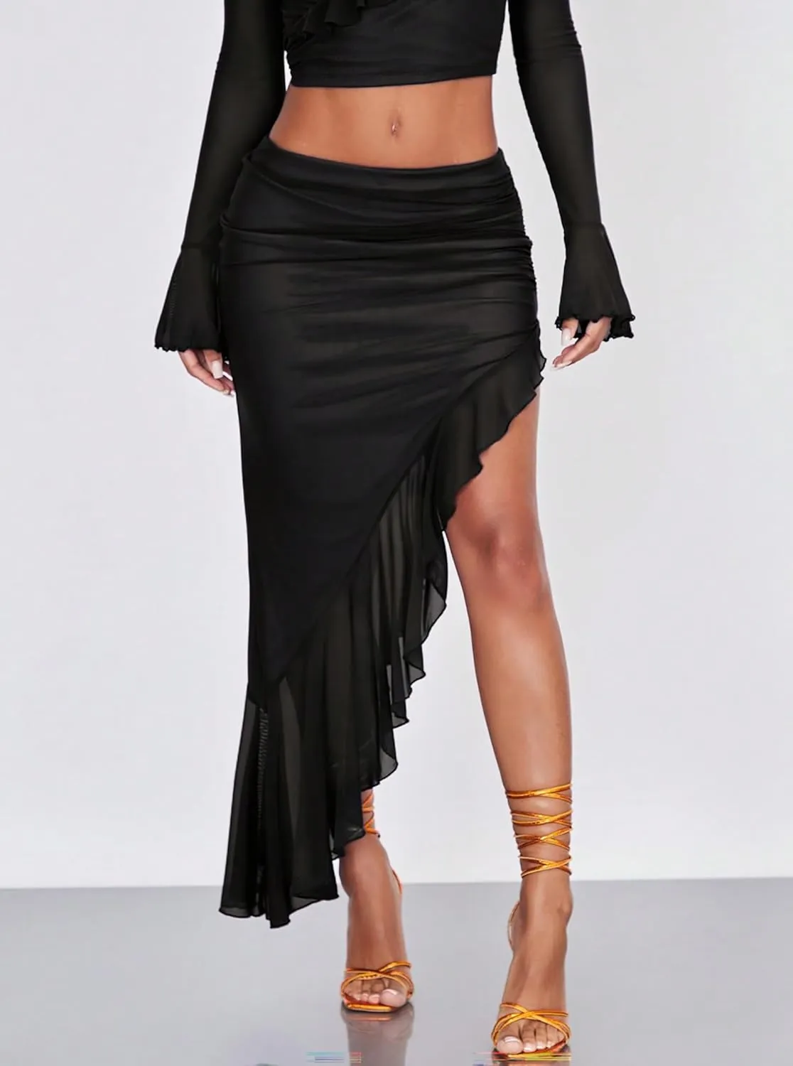 Women's High Waisted Asymmetrical Ruched Mesh Flowy Ruffle Trim Midi Long Skirt