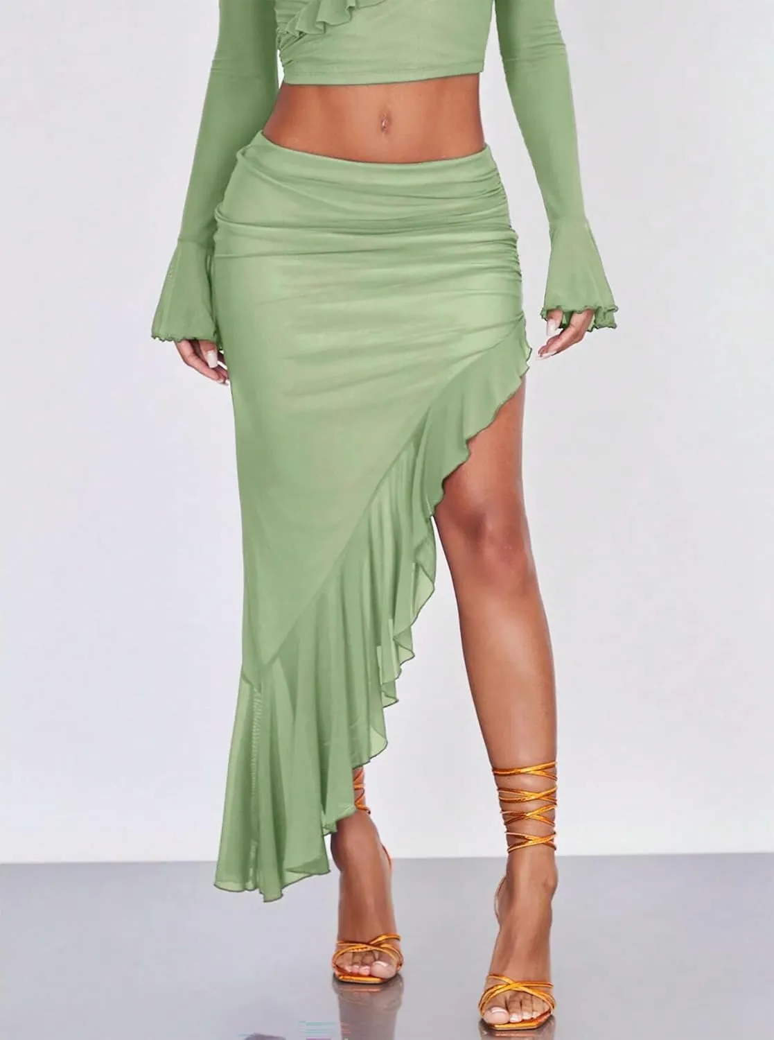 Women's High Waisted Asymmetrical Ruched Mesh Flowy Ruffle Trim Midi Long Skirt