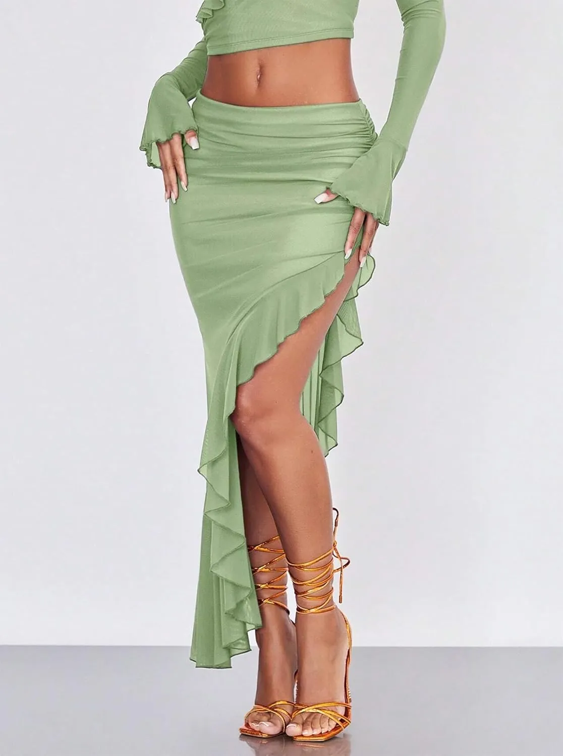 Women's High Waisted Asymmetrical Ruched Mesh Flowy Ruffle Trim Midi Long Skirt