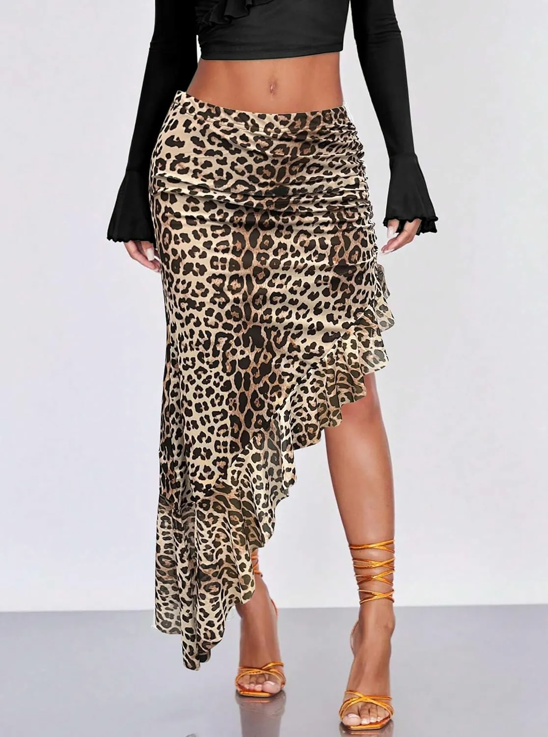 Women's High Waisted Asymmetrical Ruched Mesh Flowy Ruffle Trim Midi Long Skirt