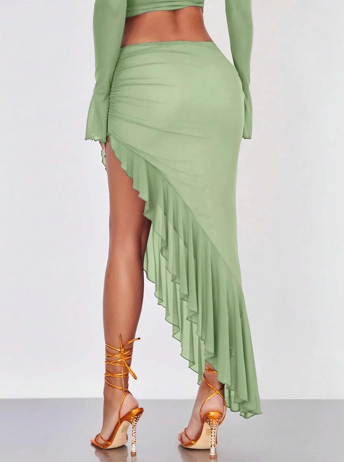 Women's High Waisted Asymmetrical Ruched Mesh Flowy Ruffle Trim Midi Long Skirt