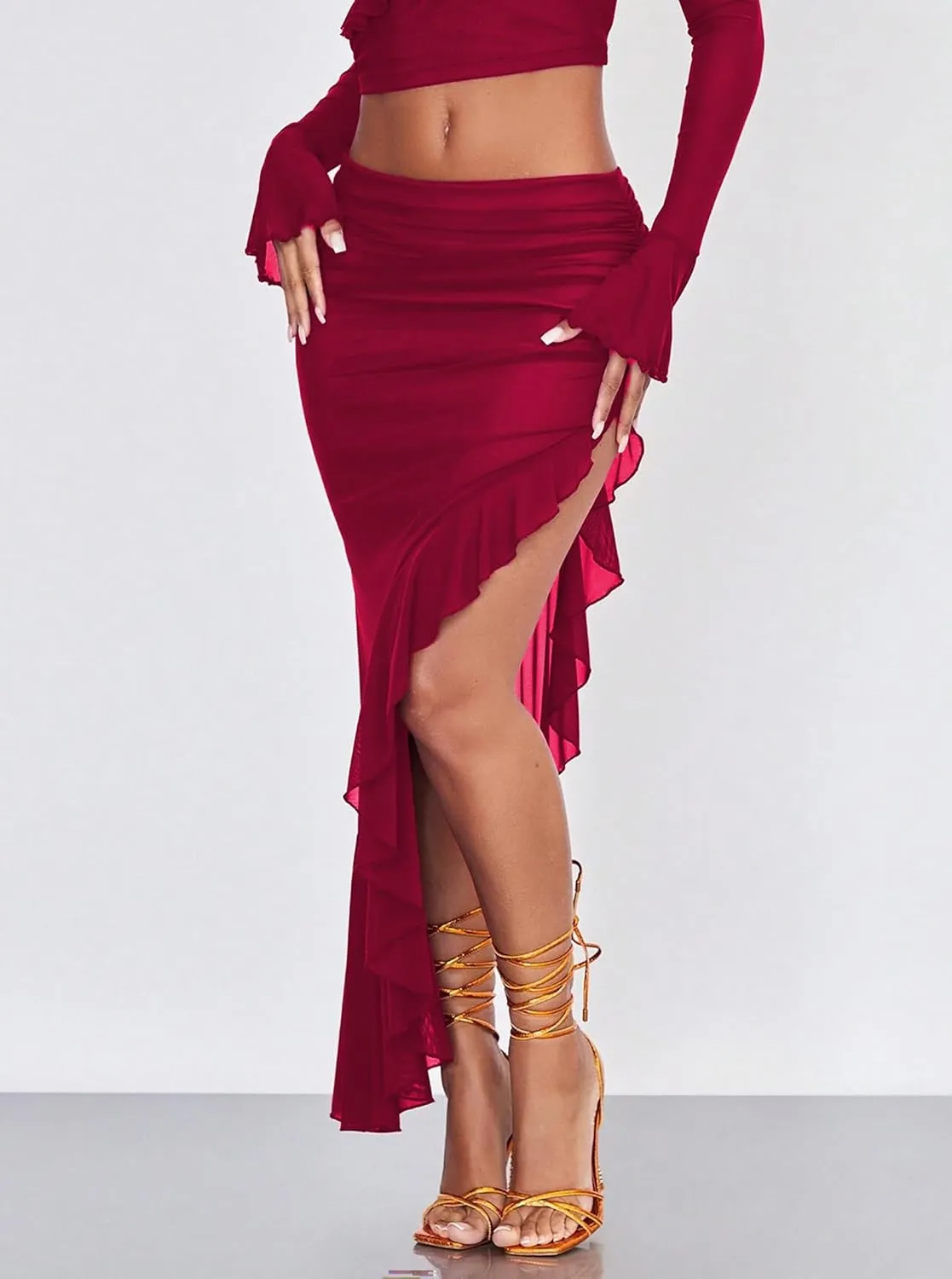 Women's High Waisted Asymmetrical Ruched Mesh Flowy Ruffle Trim Midi Long Skirt