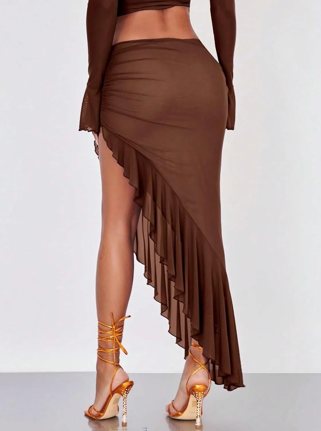 Women's High Waisted Asymmetrical Ruched Mesh Flowy Ruffle Trim Midi Long Skirt
