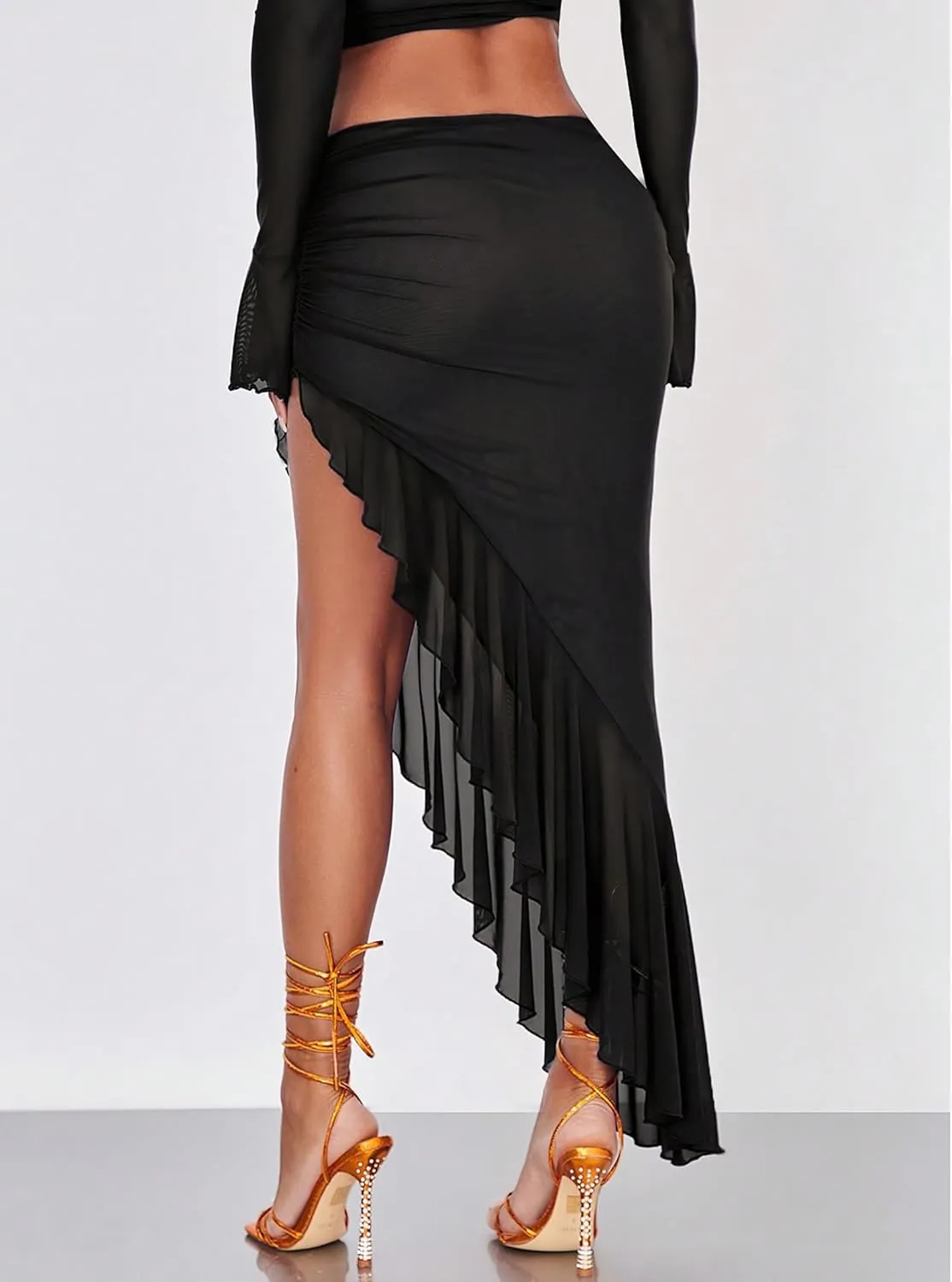 Women's High Waisted Asymmetrical Ruched Mesh Flowy Ruffle Trim Midi Long Skirt