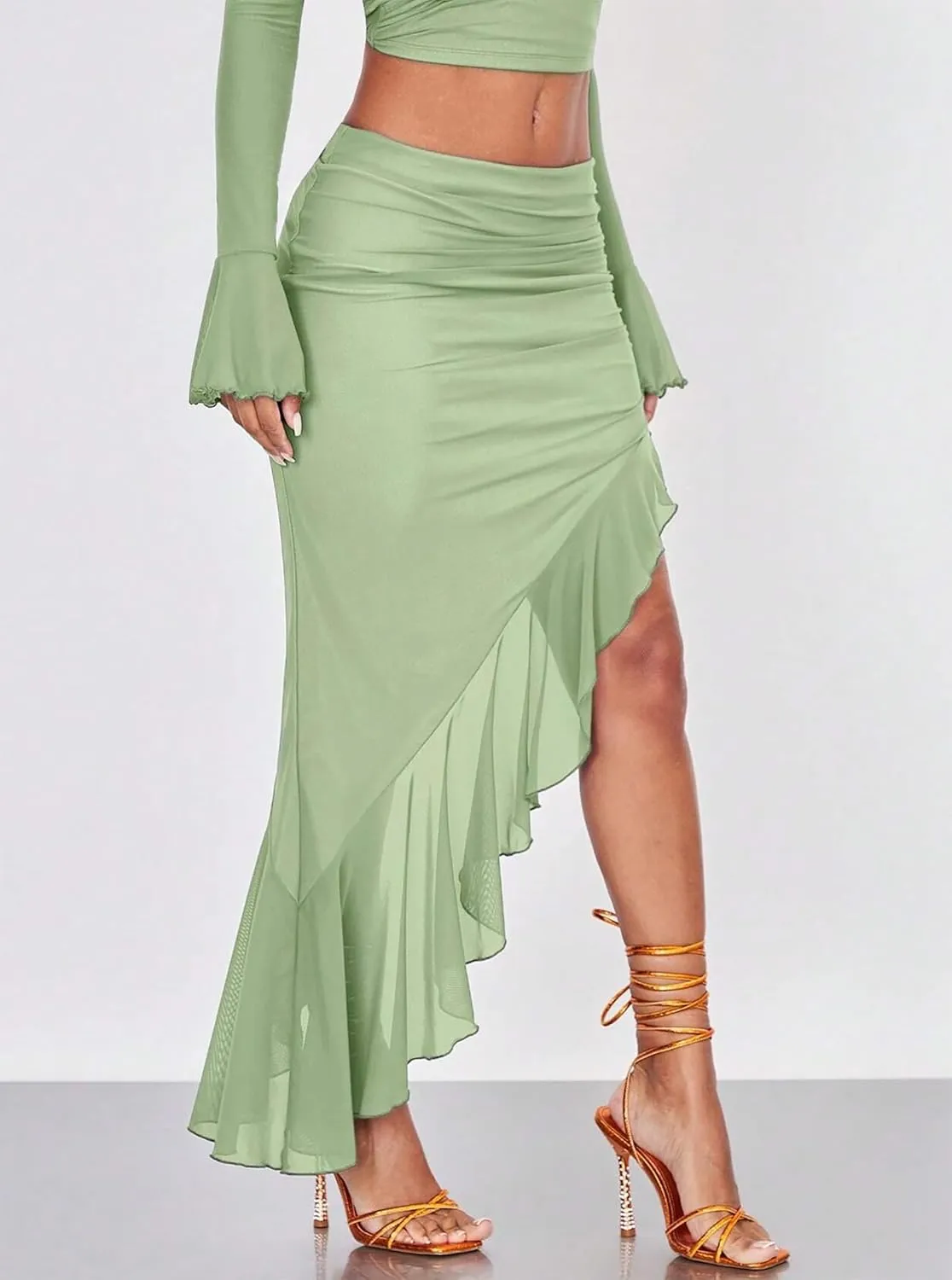 Women's High Waisted Asymmetrical Ruched Mesh Flowy Ruffle Trim Midi Long Skirt