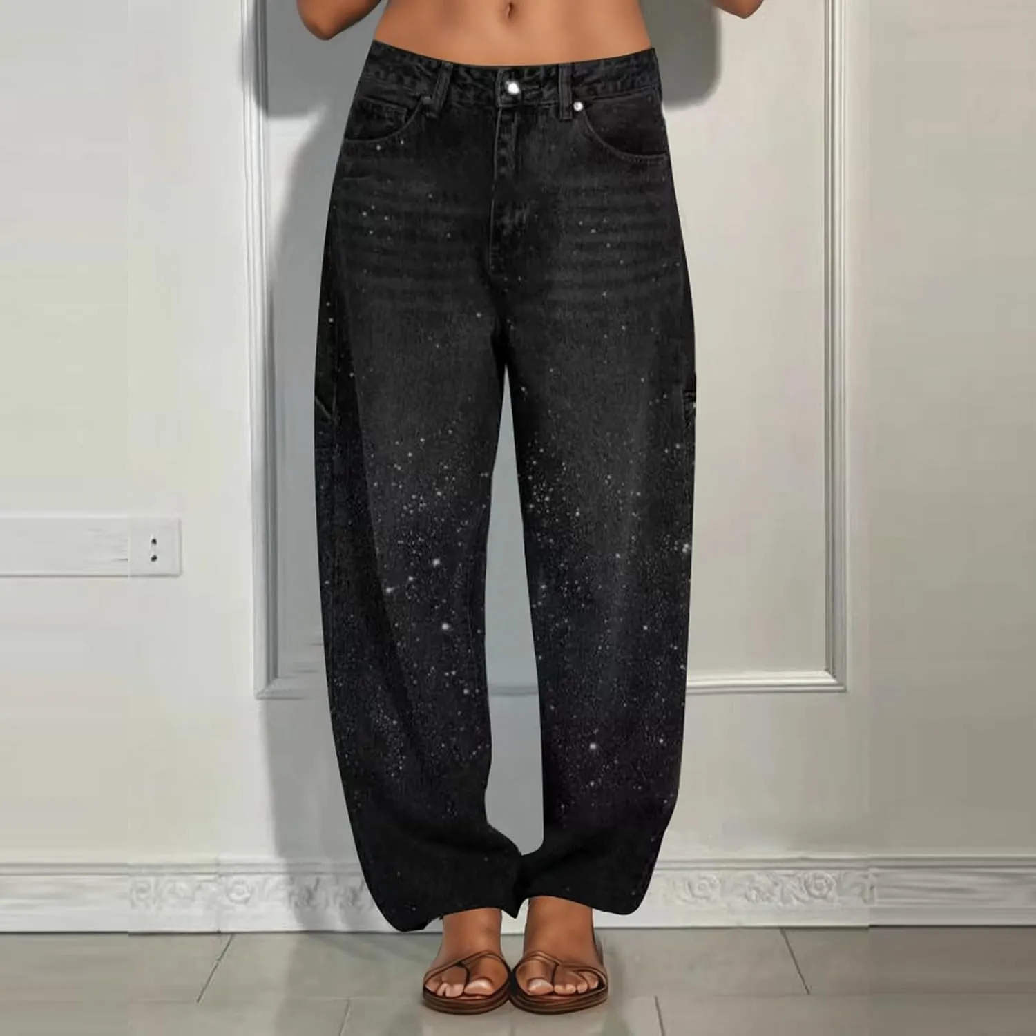 Womens High Waisted Rhinestone Jeans Straight Wide Leg Loose Harem Jeans High Waisted Loose Fit Sparkly Denim Pants