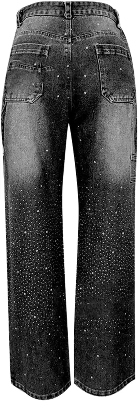 Womens High Waisted Rhinestone Jeans Straight Wide Leg Loose Harem Jeans High Waisted Loose Fit Sparkly Denim Pants