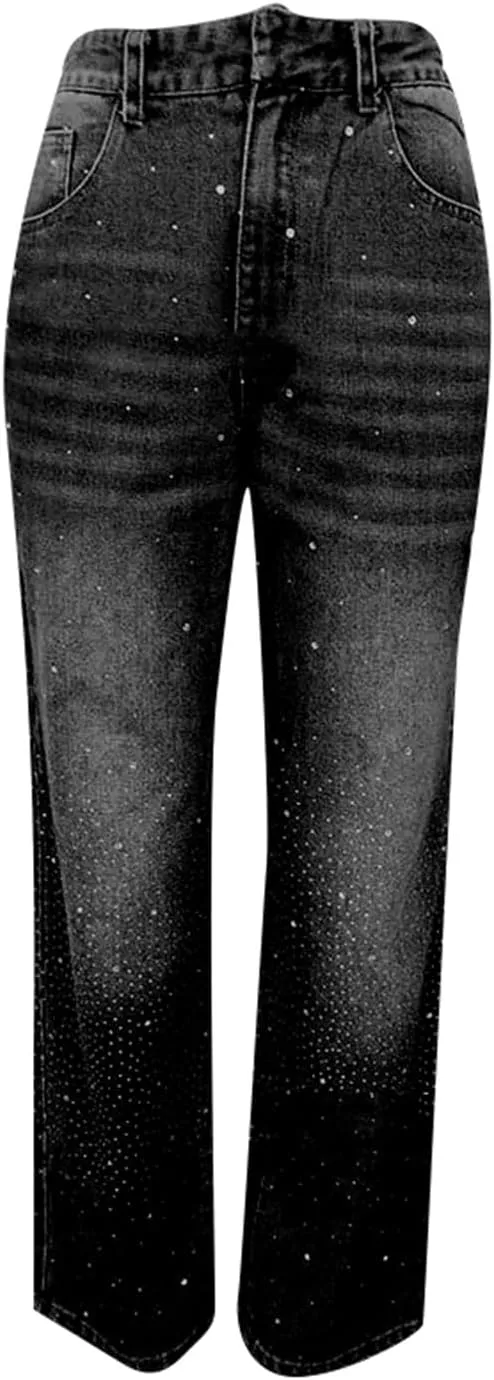 Womens High Waisted Rhinestone Jeans Straight Wide Leg Loose Harem Jeans High Waisted Loose Fit Sparkly Denim Pants