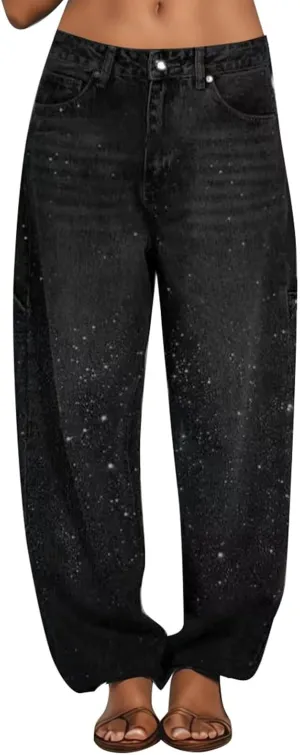 Womens High Waisted Rhinestone Jeans Straight Wide Leg Loose Harem Jeans High Waisted Loose Fit Sparkly Denim Pants