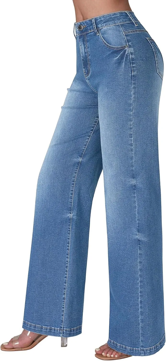 Women's High Waisted Straight Wide Leg Jeans Casual Stretchy Loose Denim Pants
