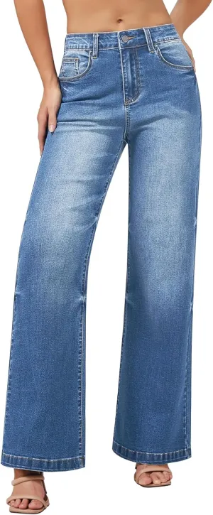 Women's High Waisted Straight Wide Leg Jeans Casual Stretchy Loose Denim Pants