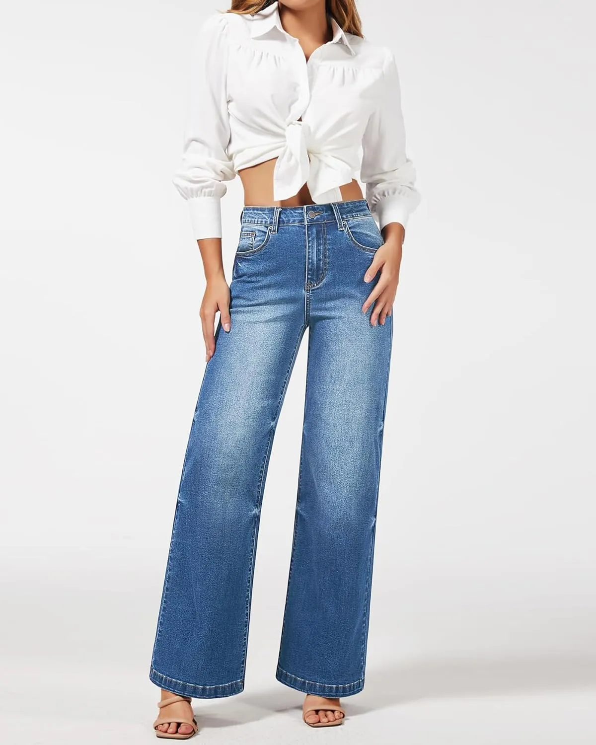 Women's High Waisted Straight Wide Leg Jeans Casual Stretchy Loose Denim Pants
