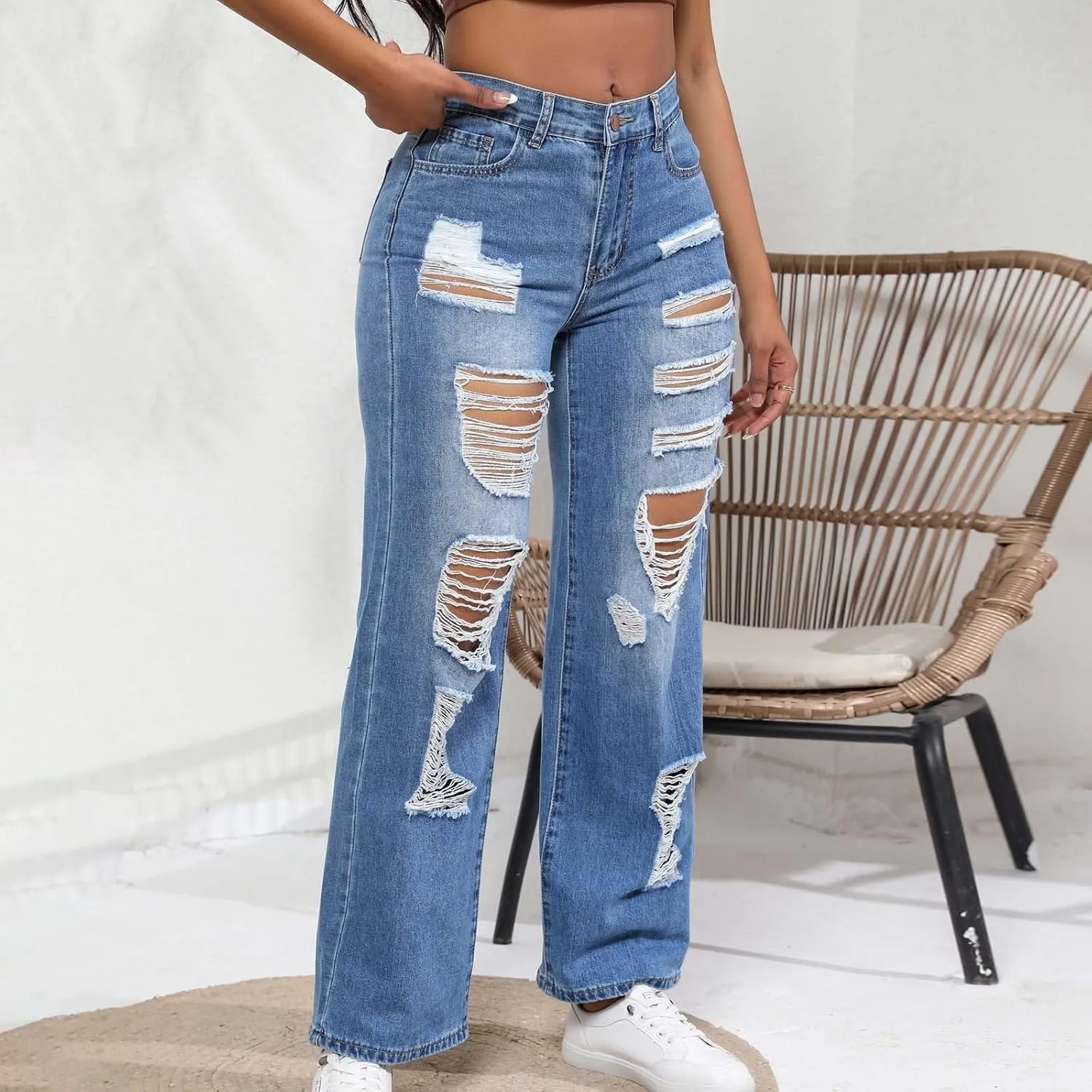 Womens Jeans High Waisted Ripped Stretchy Pants Classic Distressed Jeans Vintage Plus Size Destroyed Denim Pants