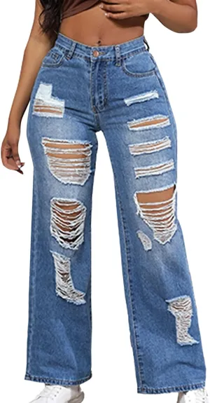 Womens Jeans High Waisted Ripped Stretchy Pants Classic Distressed Jeans Vintage Plus Size Destroyed Denim Pants