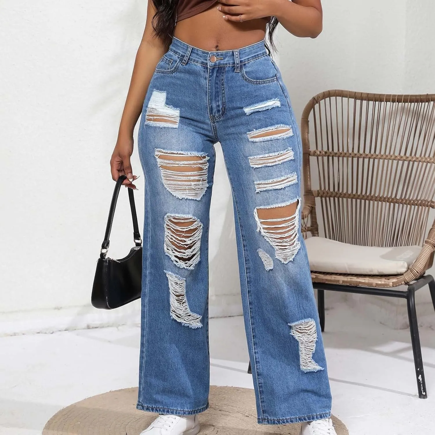 Womens Jeans High Waisted Ripped Stretchy Pants Classic Distressed Jeans Vintage Plus Size Destroyed Denim Pants
