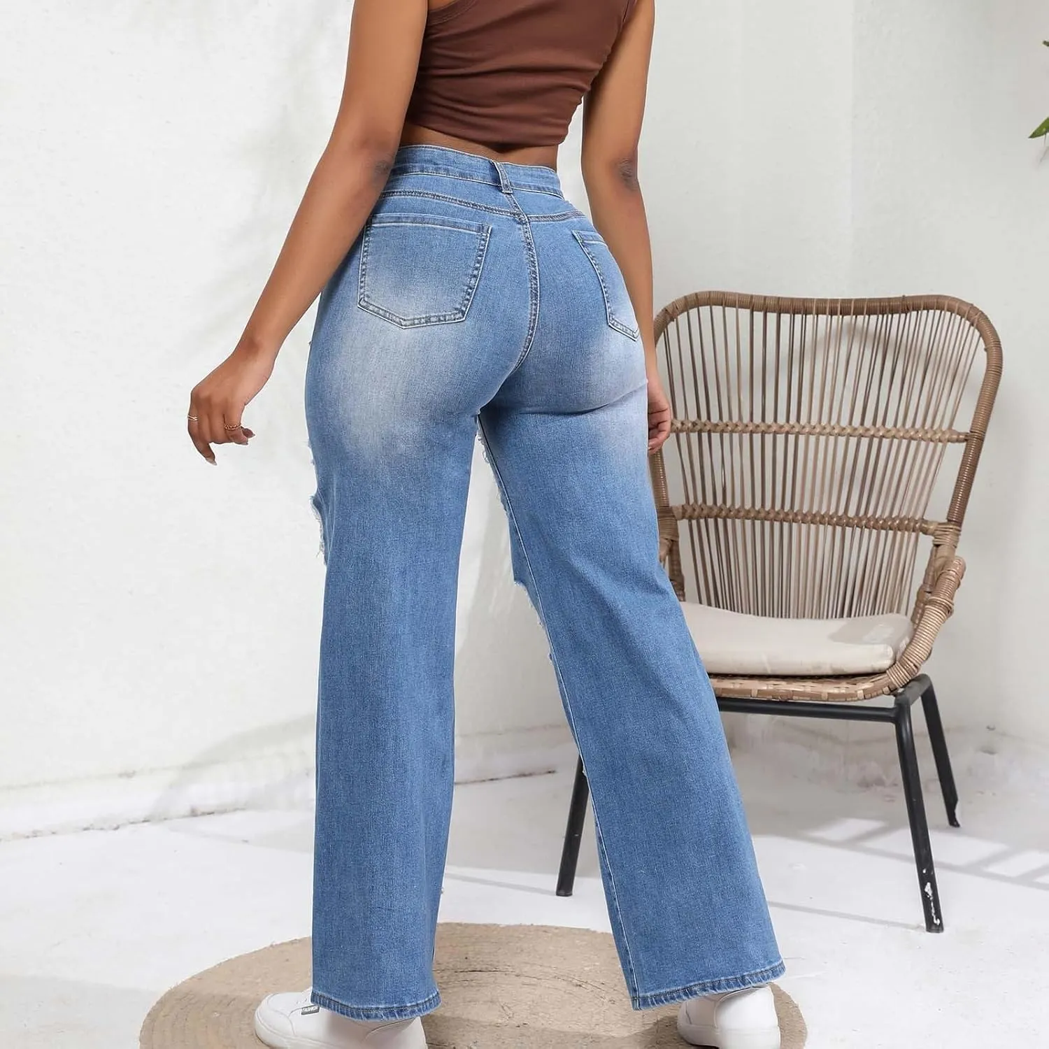 Womens Jeans High Waisted Ripped Stretchy Pants Classic Distressed Jeans Vintage Plus Size Destroyed Denim Pants