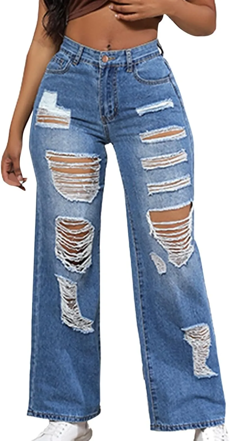 Womens Jeans High Waisted Ripped Stretchy Pants Classic Distressed Jeans Vintage Plus Size Destroyed Denim Pants