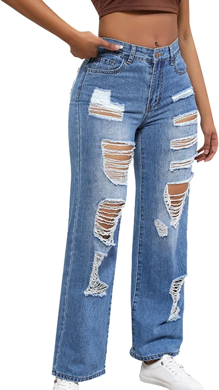 Womens Jeans High Waisted Ripped Stretchy Pants Classic Distressed Jeans Vintage Plus Size Destroyed Denim Pants