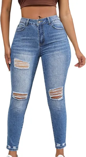 Womens Jeans High Waisted Ripped Stretchy Pants Classic Distressed Jeans Vintage Plus Size Destroyed Denim Pants