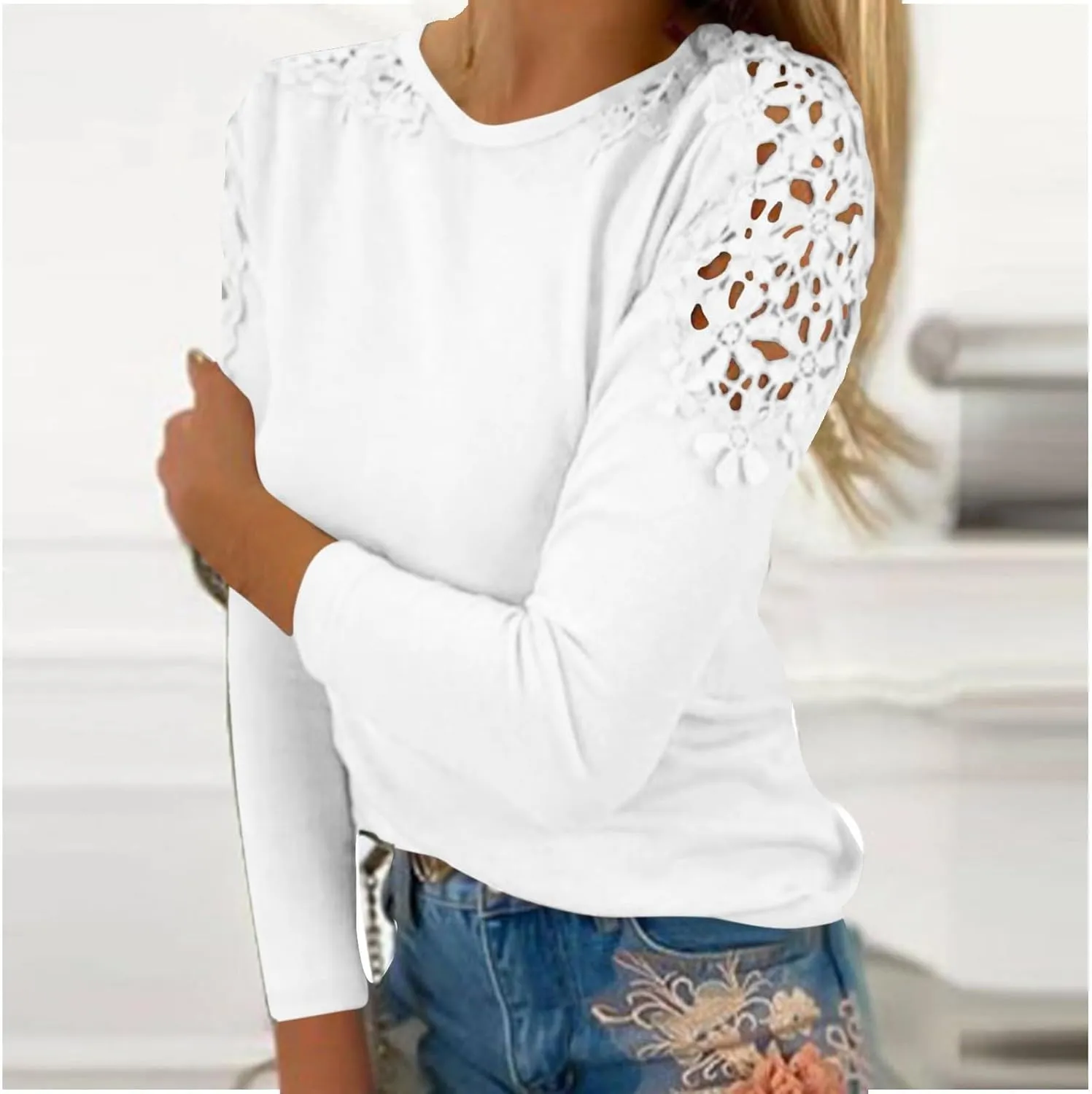 Womens Lace Crochet Tunic Tops Loose Fit Dressy Casual Short Sleeve Floral Long Sleeve Blouses Shirts Pullovers