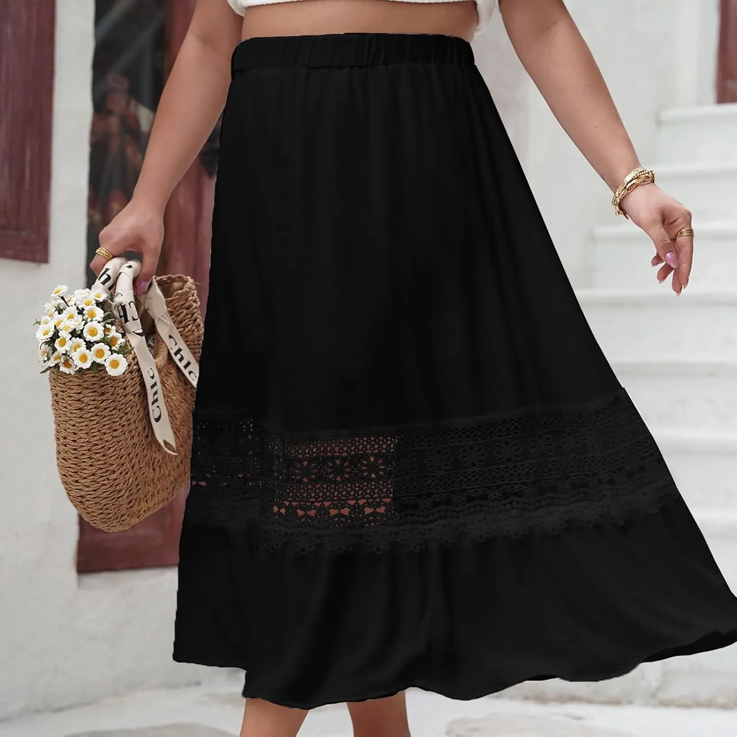Women's Lace Patchwork Skirt Summer Elastic High Waist Pleated A-line Ruffle Skirts 2025 Fashion Boho Beach Skort