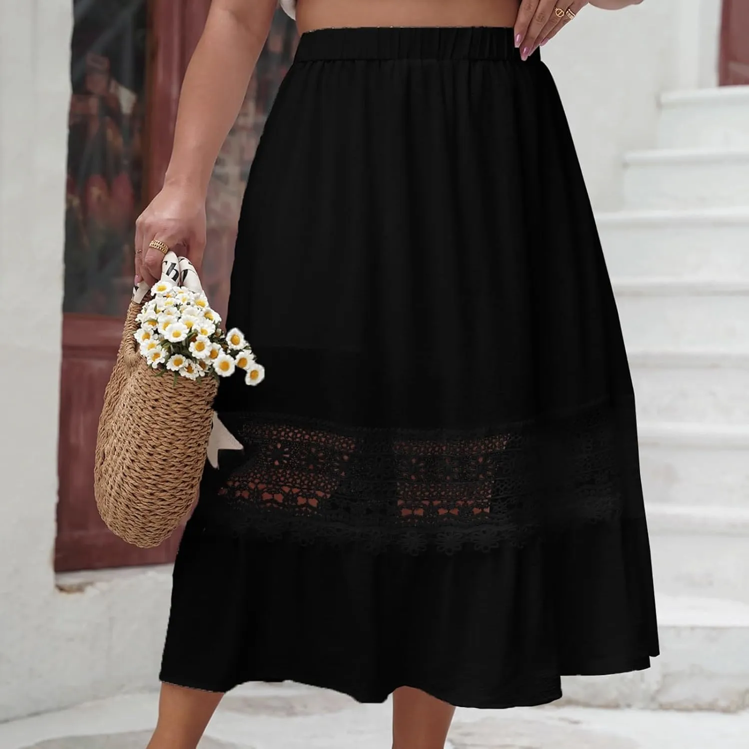 Women's Lace Patchwork Skirt Summer Elastic High Waist Pleated A-line Ruffle Skirts 2025 Fashion Boho Beach Skort