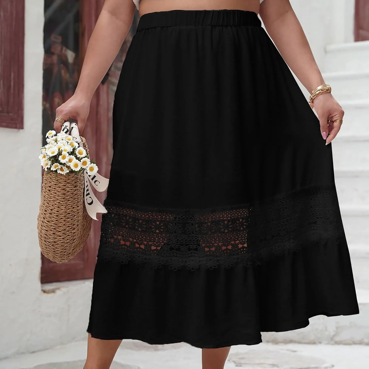 Women's Lace Patchwork Skirt Summer Elastic High Waist Pleated A-line Ruffle Skirts 2025 Fashion Boho Beach Skort
