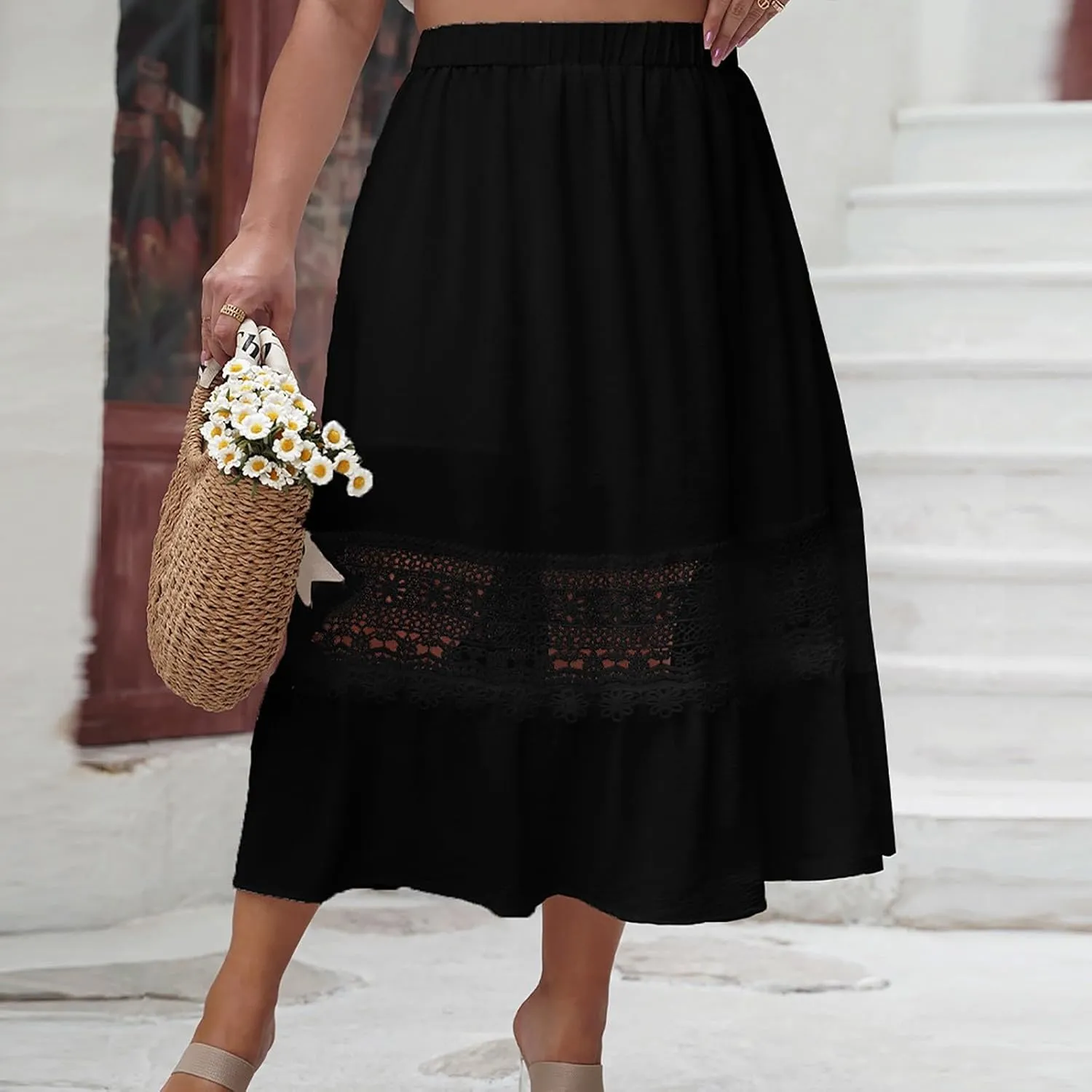 Women's Lace Patchwork Skirt Summer Elastic High Waist Pleated A-line Ruffle Skirts 2025 Fashion Boho Beach Skort