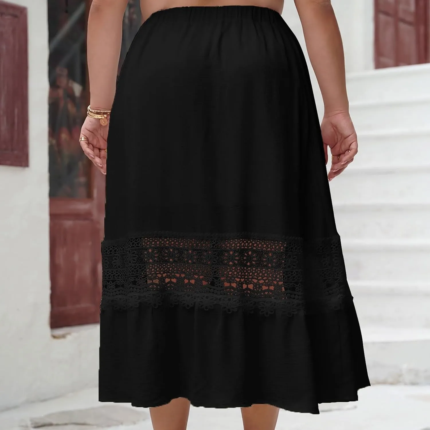 Women's Lace Patchwork Skirt Summer Elastic High Waist Pleated A-line Ruffle Skirts 2025 Fashion Boho Beach Skort