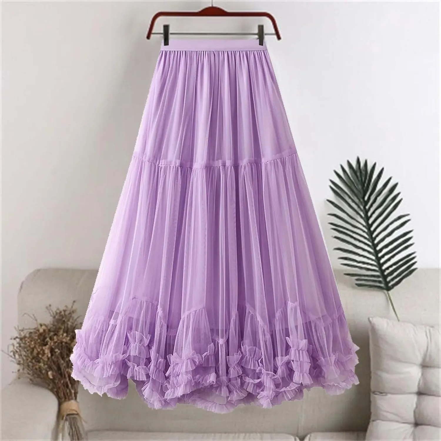 Women's Layered Tulle A Line Skirts Elastic High Waist Casual Midi Length Skirt