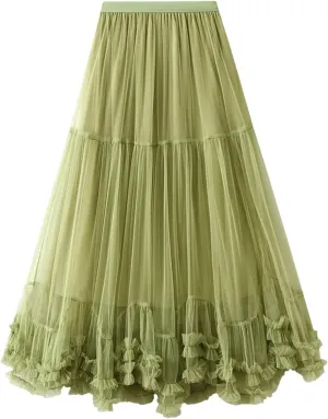 Women's Layered Tulle A Line Skirts Elastic High Waist Casual Midi Length Skirt