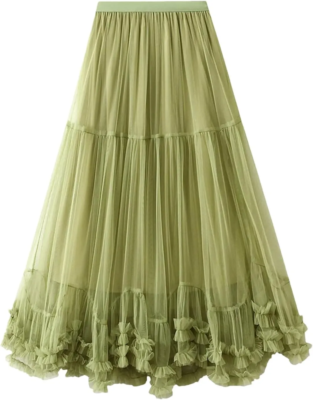 Women's Layered Tulle A Line Skirts Elastic High Waist Casual Midi Length Skirt