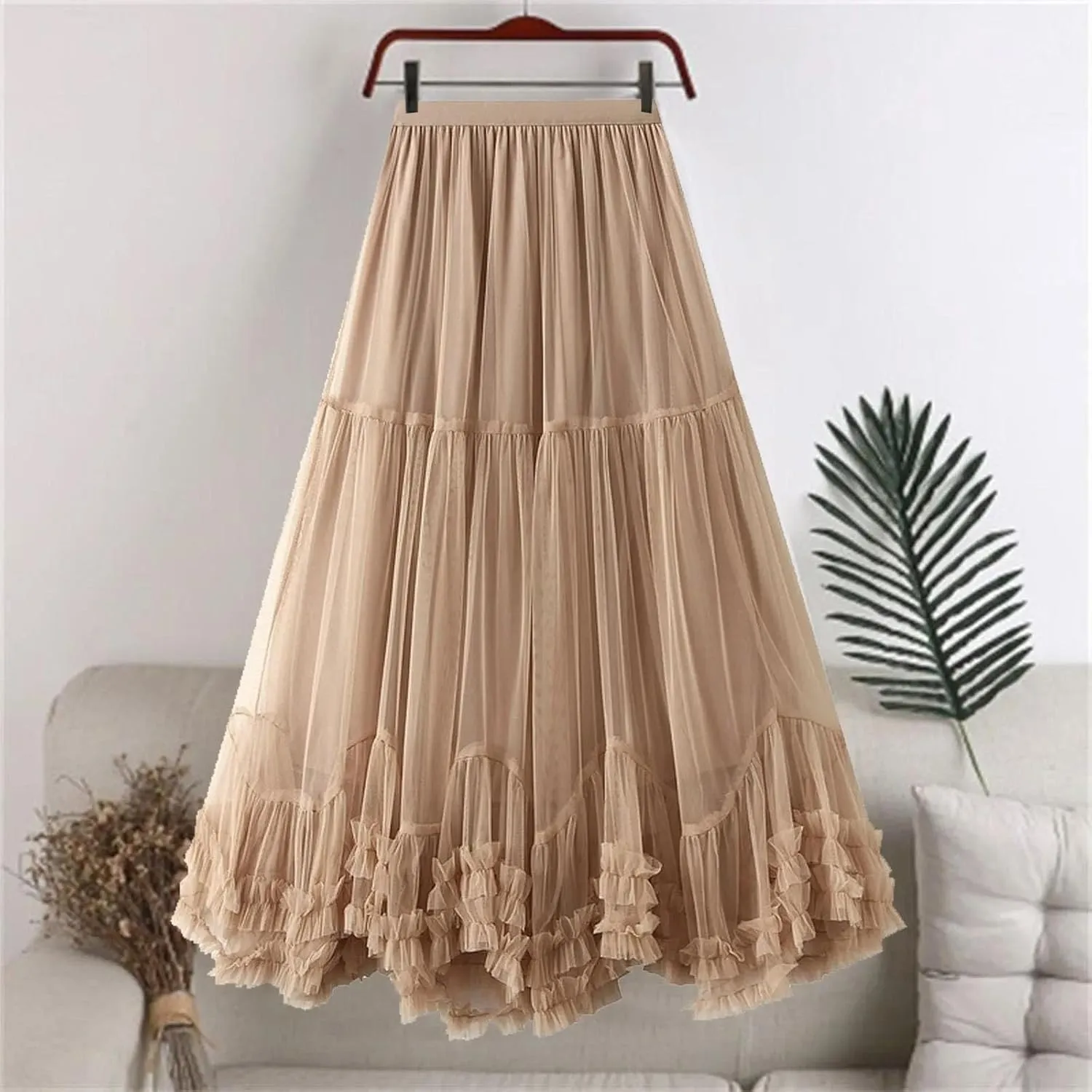 Women's Layered Tulle A Line Skirts Elastic High Waist Casual Midi Length Skirt
