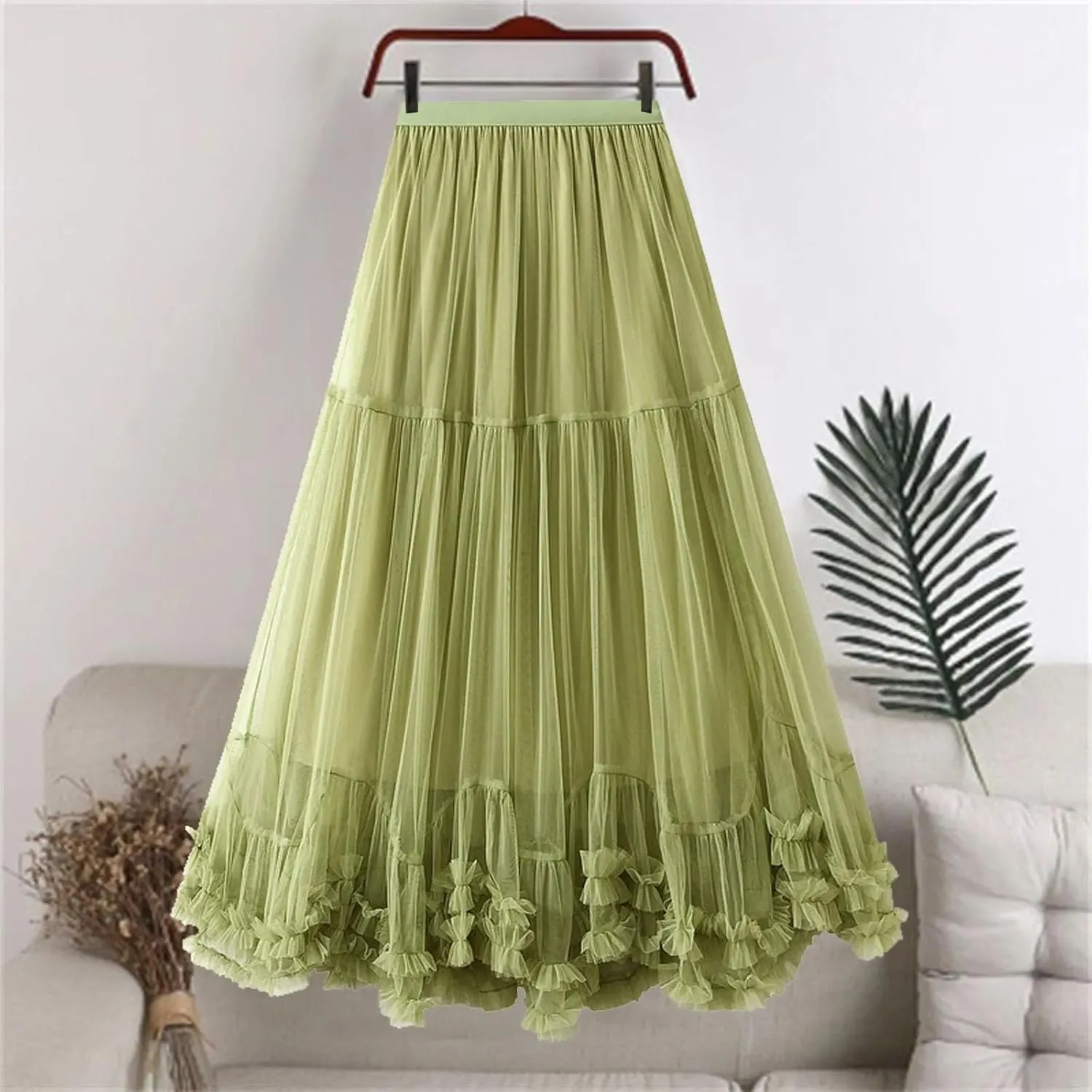 Women's Layered Tulle A Line Skirts Elastic High Waist Casual Midi Length Skirt