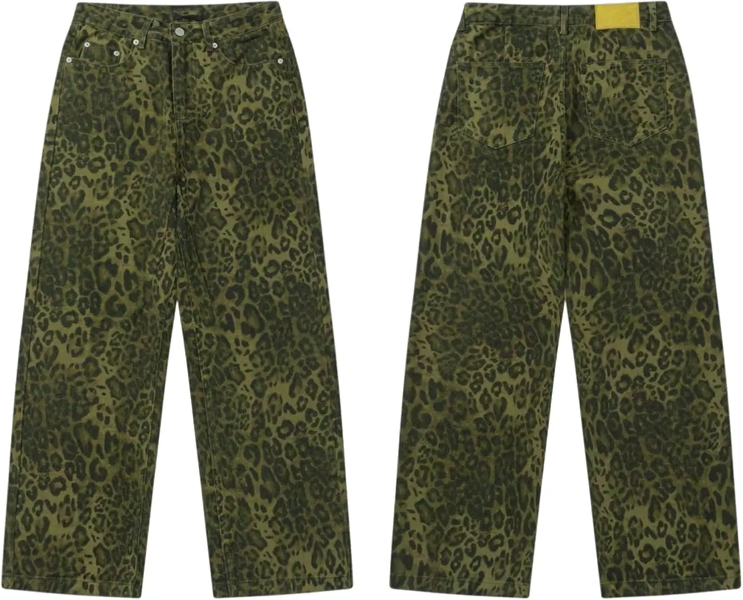 Womens Leopard Jeans Baggy Low Rise Denim Pants with Pockets Oversized Button Fly Boyfriend Y2K Trousers