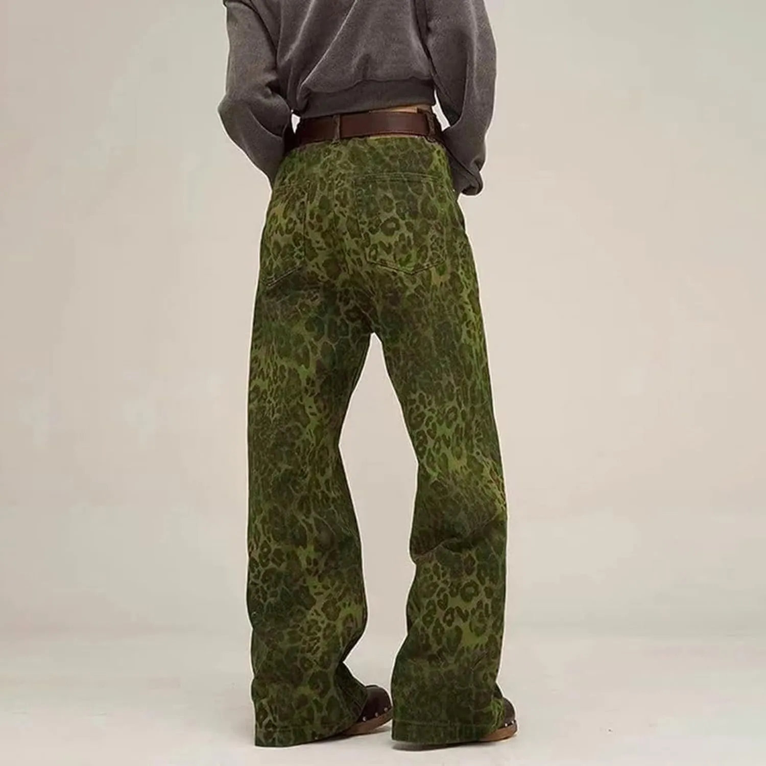 Womens Leopard Jeans Baggy Low Rise Denim Pants with Pockets Oversized Button Fly Boyfriend Y2K Trousers