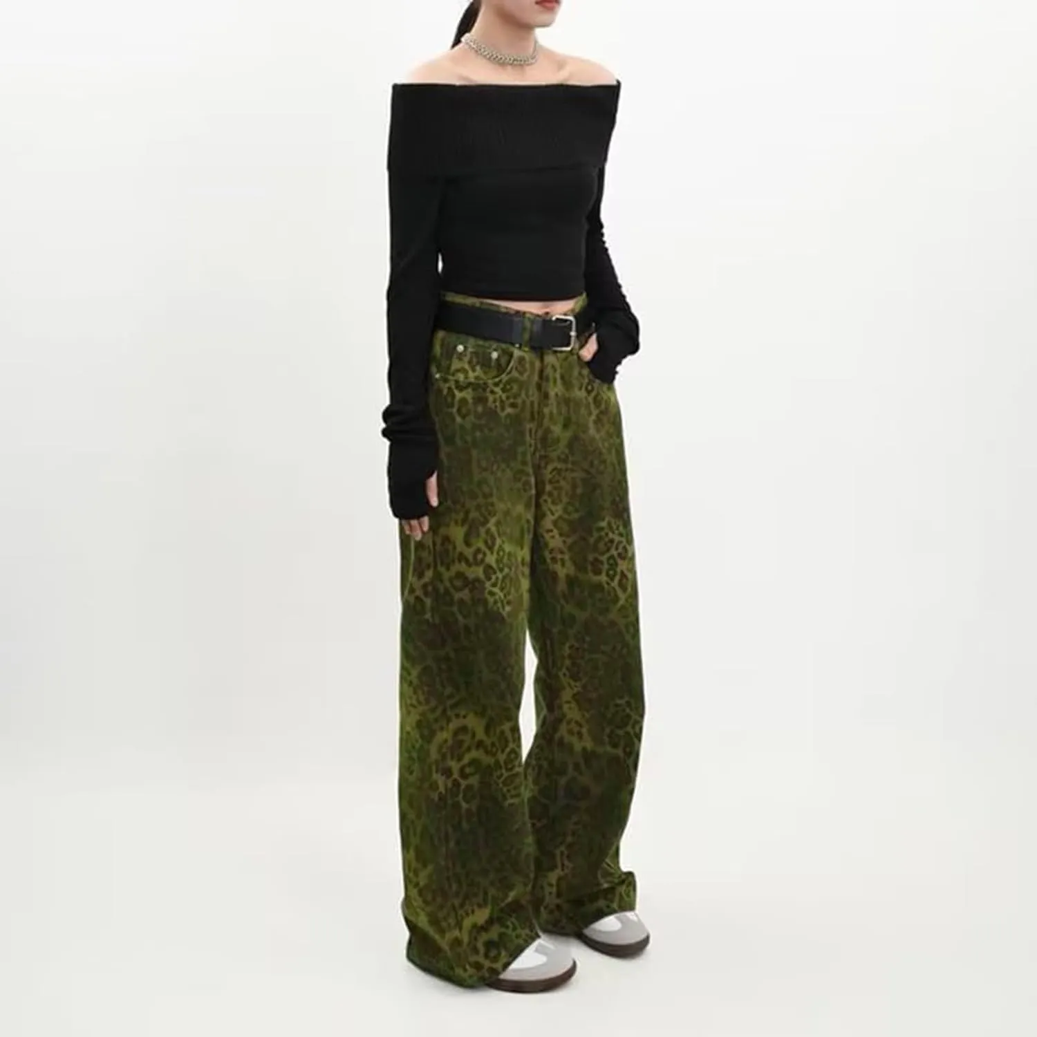 Womens Leopard Jeans Baggy Low Rise Denim Pants with Pockets Oversized Button Fly Boyfriend Y2K Trousers
