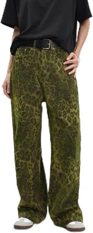 Womens Leopard Jeans Baggy Low Rise Denim Pants with Pockets Oversized Button Fly Boyfriend Y2K Trousers