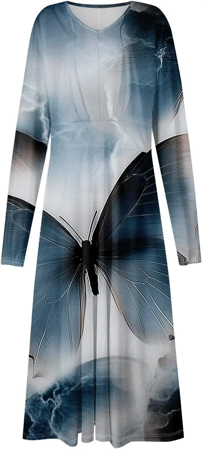 Women's Light Gradient Long Sleeve Dresses Fashion Formal V-Neck Spring Long Dress
